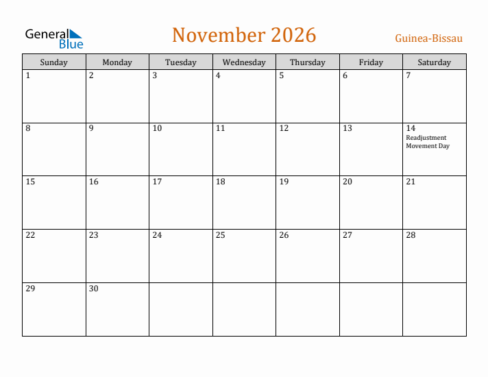 November 2026 Holiday Calendar with Sunday Start
