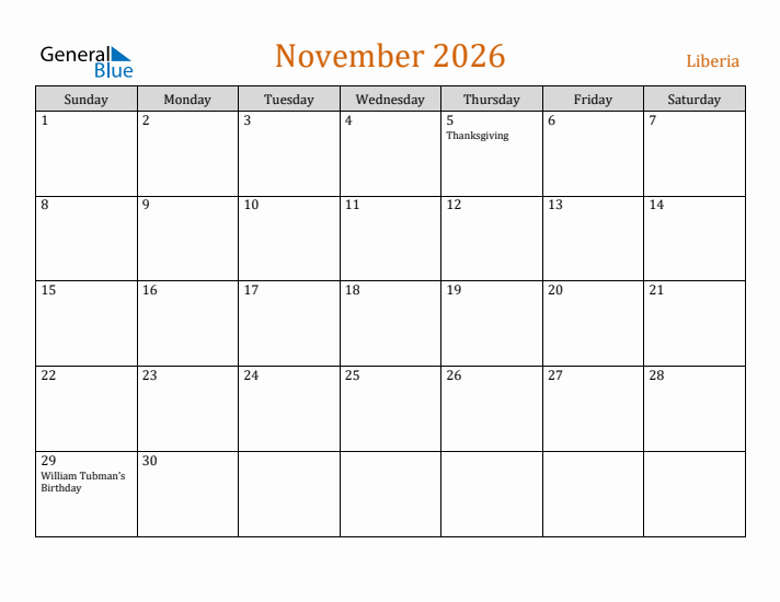 November 2026 Holiday Calendar with Sunday Start