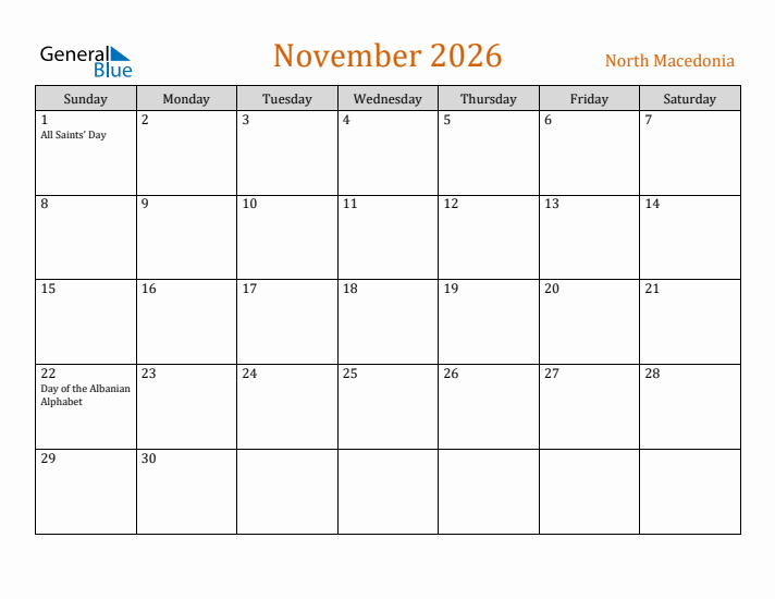 November 2026 Holiday Calendar with Sunday Start