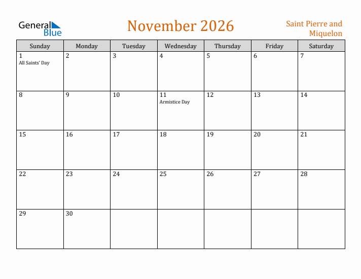 November 2026 Holiday Calendar with Sunday Start