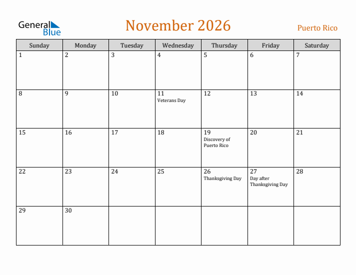 November 2026 Holiday Calendar with Sunday Start