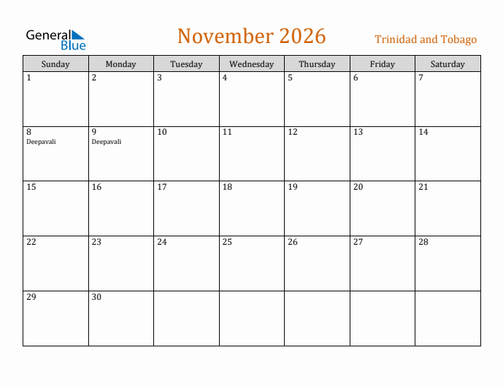 November 2026 Holiday Calendar with Sunday Start