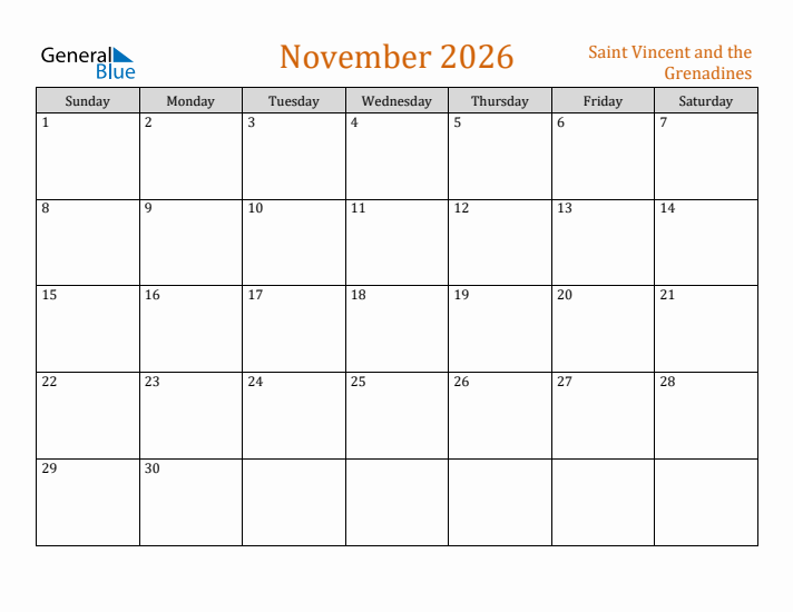 November 2026 Holiday Calendar with Sunday Start