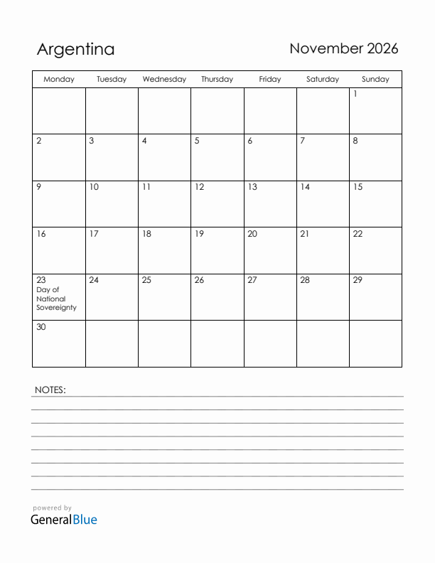 November 2026 Argentina Calendar with Holidays (Monday Start)