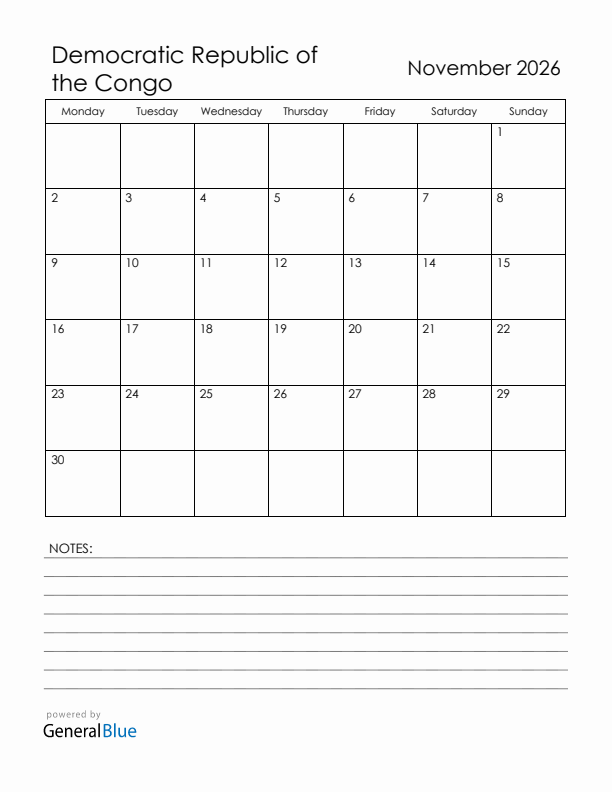 November 2026 Democratic Republic of the Congo Calendar with Holidays (Monday Start)
