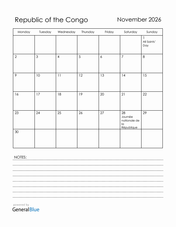 November 2026 Republic of the Congo Calendar with Holidays (Monday Start)