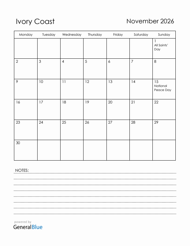 November 2026 Ivory Coast Calendar with Holidays (Monday Start)