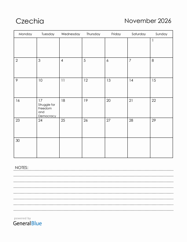 November 2026 Czechia Calendar with Holidays (Monday Start)