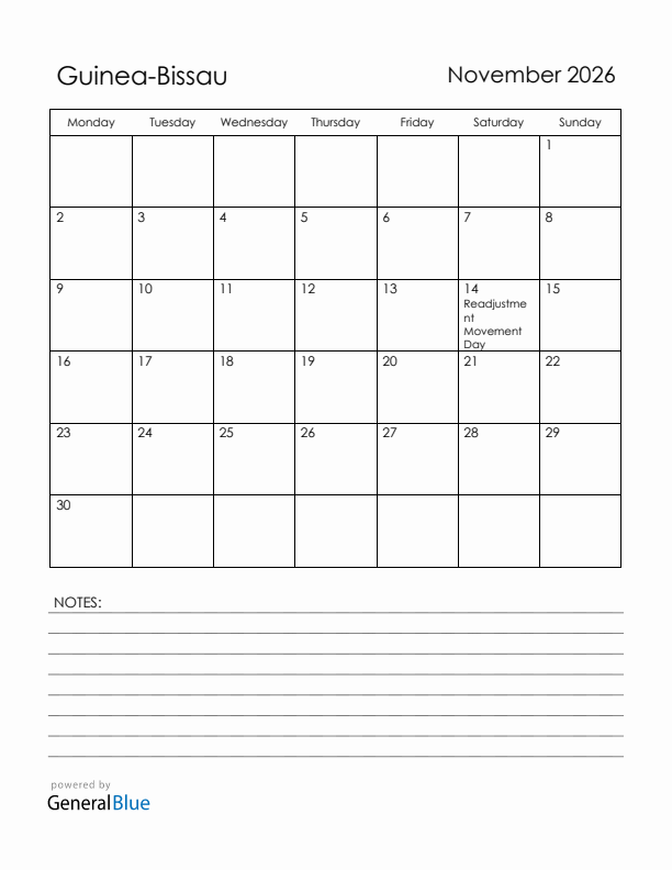 November 2026 Guinea-Bissau Calendar with Holidays (Monday Start)