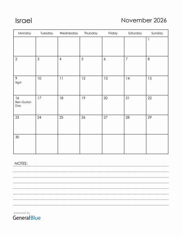 November 2026 Israel Calendar with Holidays (Monday Start)