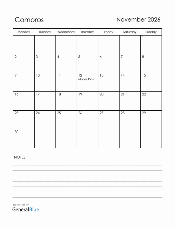 November 2026 Comoros Calendar with Holidays (Monday Start)