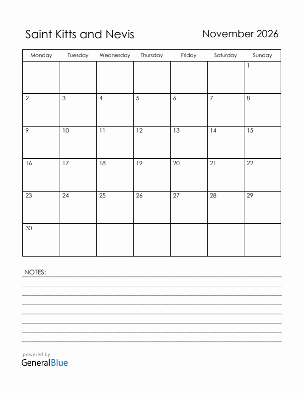 November 2026 Saint Kitts and Nevis Calendar with Holidays (Monday Start)
