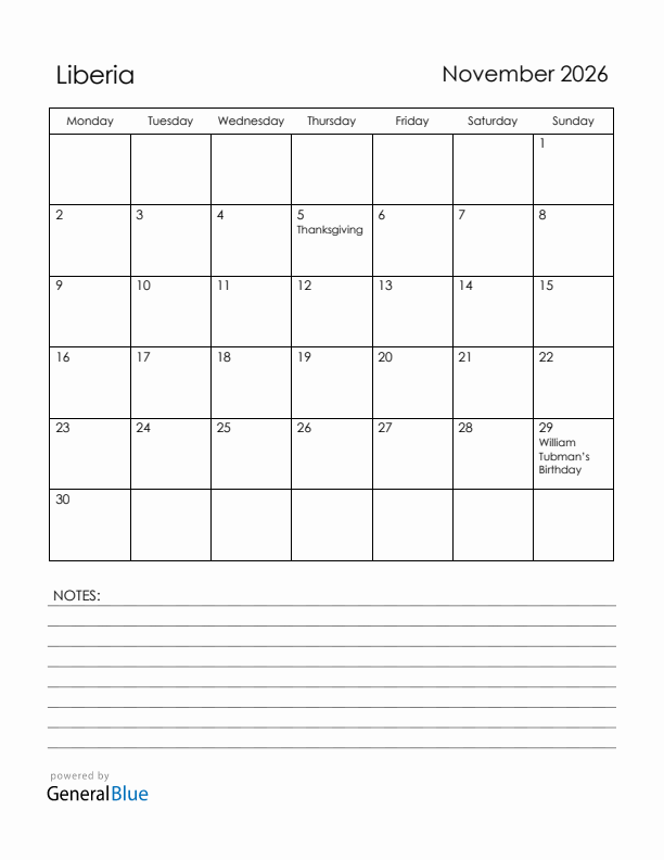 November 2026 Liberia Calendar with Holidays (Monday Start)