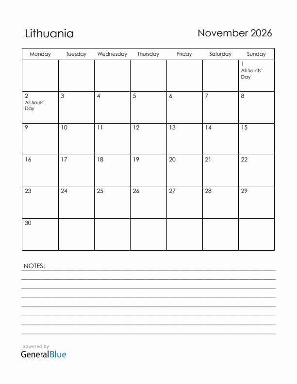 November 2026 Lithuania Calendar with Holidays (Monday Start)