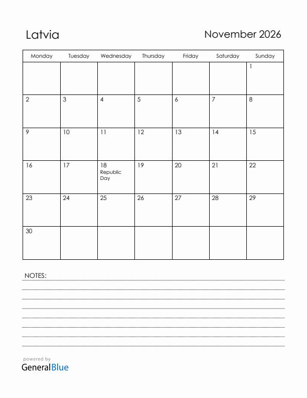 November 2026 Latvia Calendar with Holidays (Monday Start)