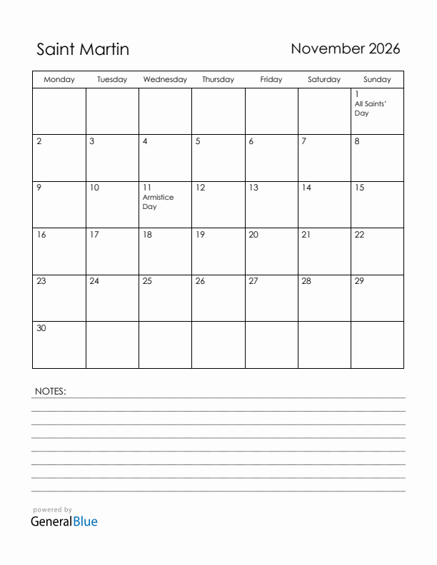 November 2026 Saint Martin Calendar with Holidays (Monday Start)