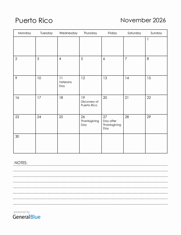 November 2026 Puerto Rico Calendar with Holidays (Monday Start)