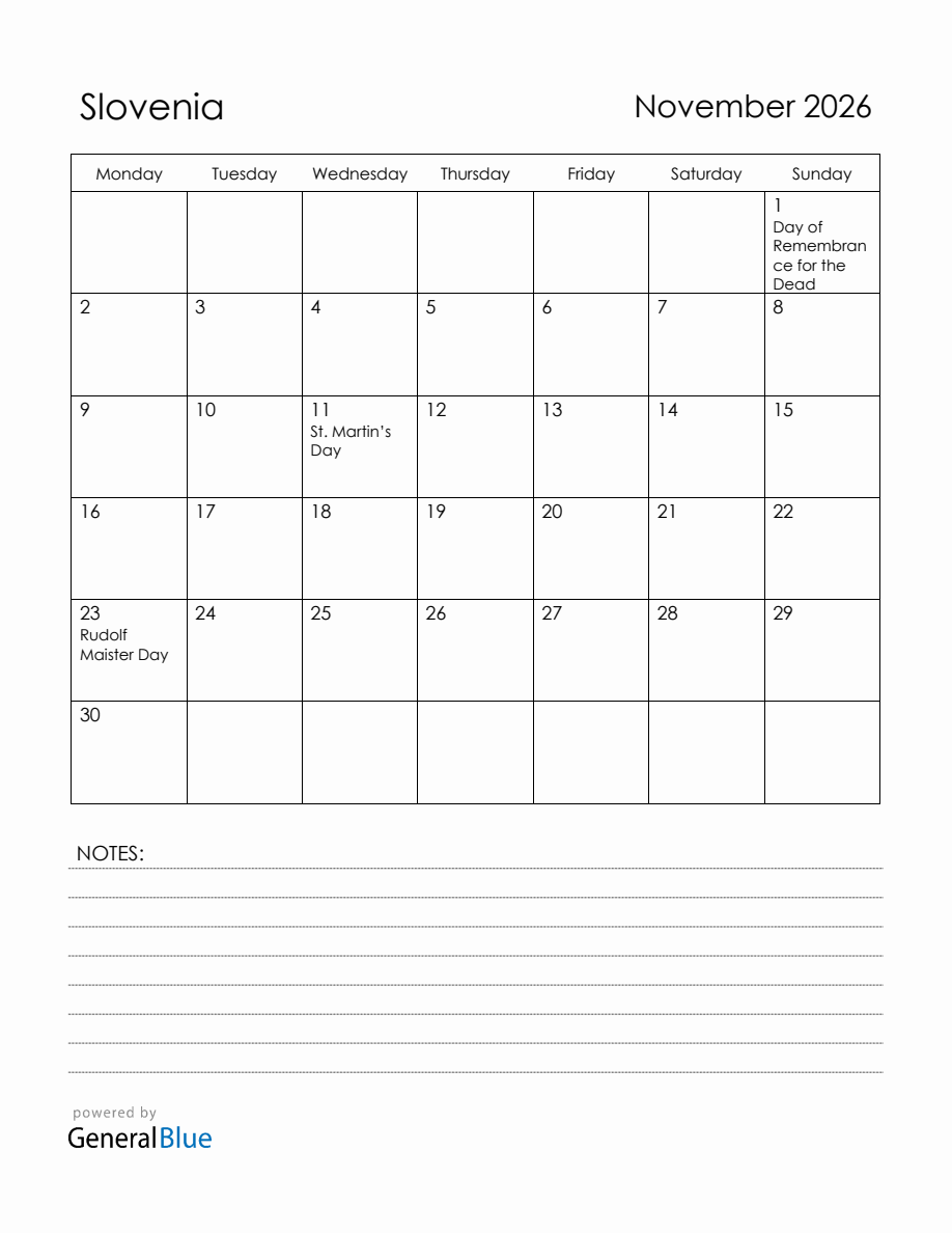 November 2026 Slovenia Calendar with Holidays