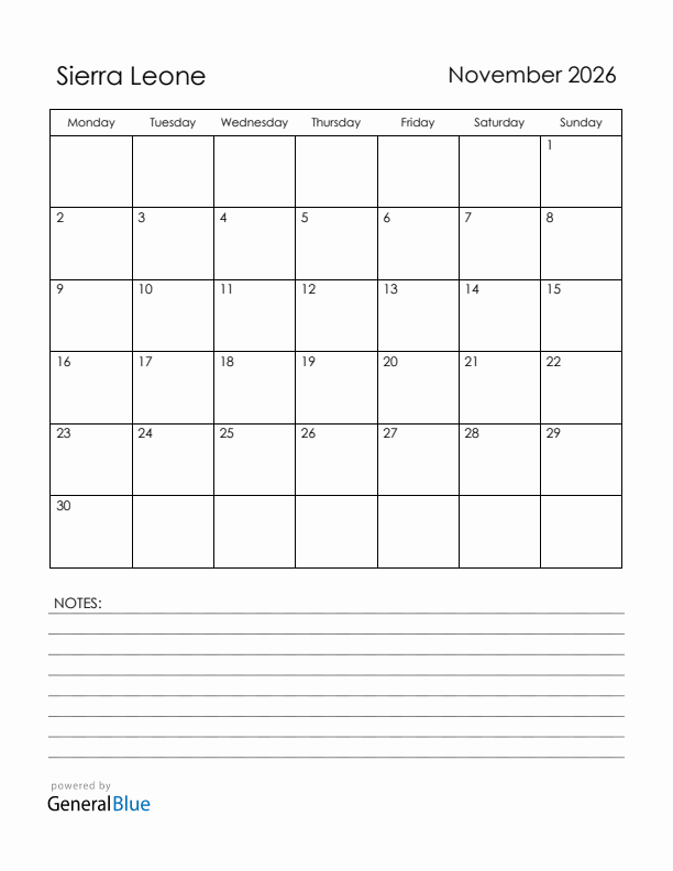 November 2026 Sierra Leone Calendar with Holidays (Monday Start)