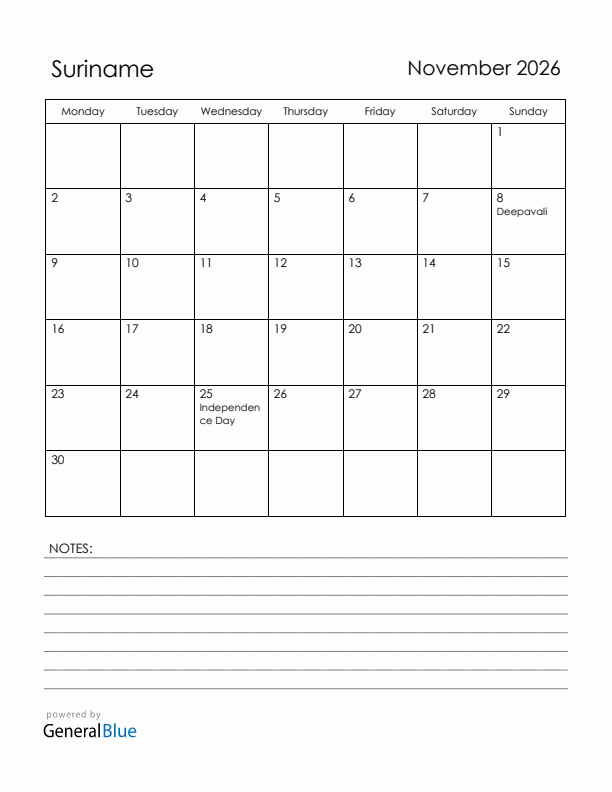 November 2026 Suriname Calendar with Holidays (Monday Start)