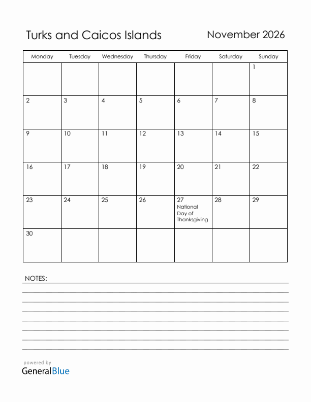 November 2026 Turks and Caicos Islands Calendar with Holidays (Monday Start)