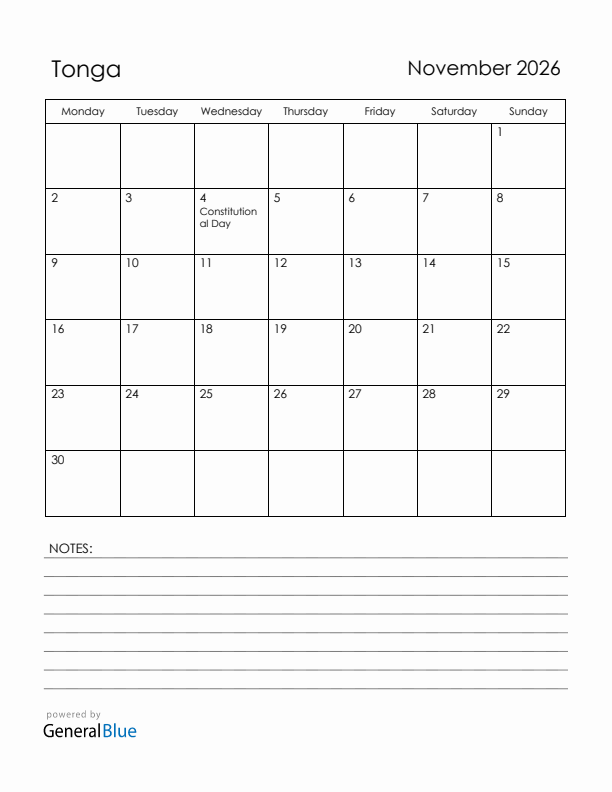 November 2026 Tonga Calendar with Holidays (Monday Start)