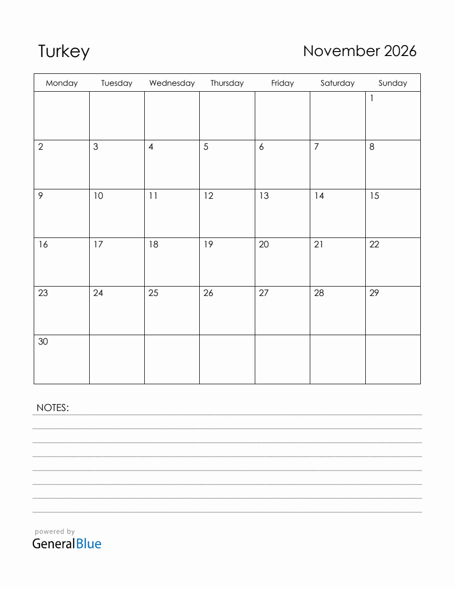 November 2026 Turkey Calendar with Holidays (Monday Start)