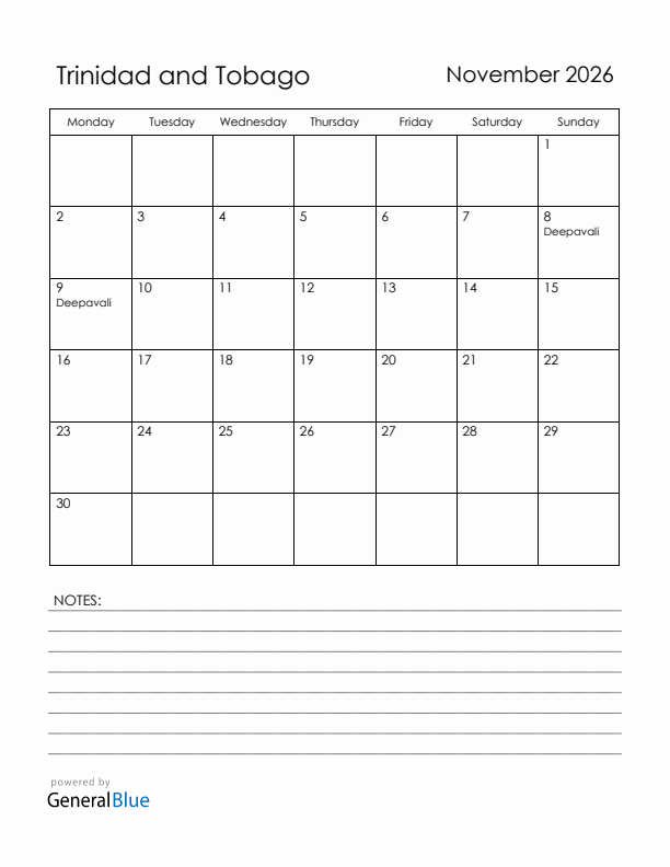 November 2026 Trinidad and Tobago Calendar with Holidays (Monday Start)
