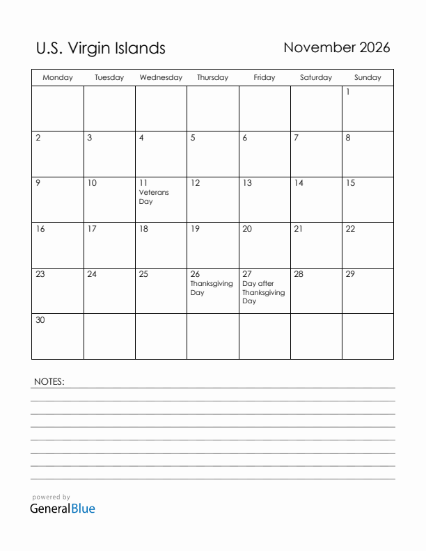 November 2026 U.S. Virgin Islands Calendar with Holidays (Monday Start)