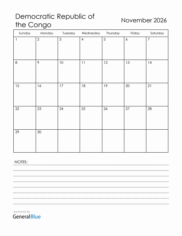 November 2026 Democratic Republic of the Congo Calendar with Holidays (Sunday Start)