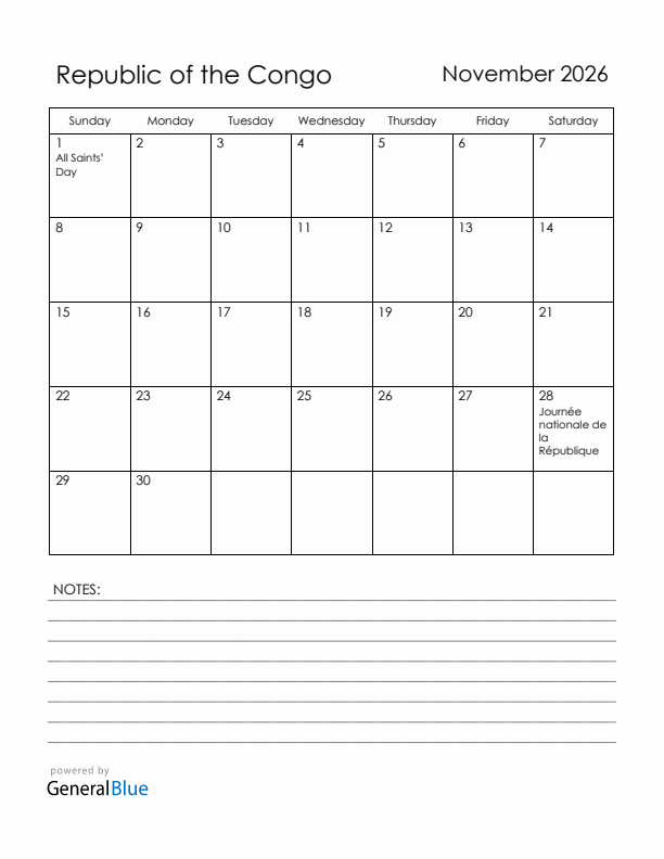 November 2026 Republic of the Congo Calendar with Holidays (Sunday Start)