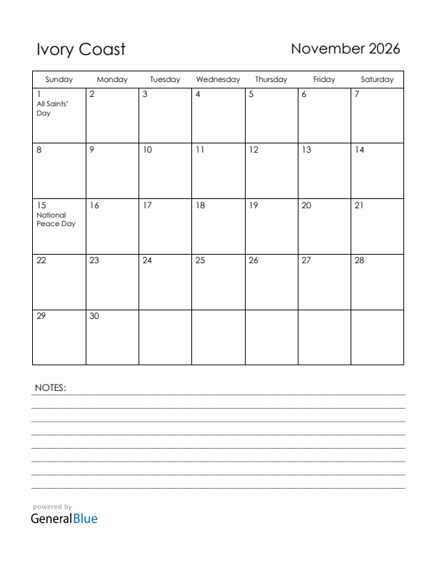 November 2026 Ivory Coast Calendar with Holidays (Sunday Start)