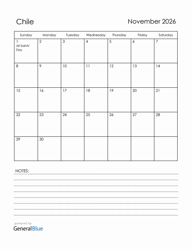 November 2026 Chile Calendar with Holidays (Sunday Start)