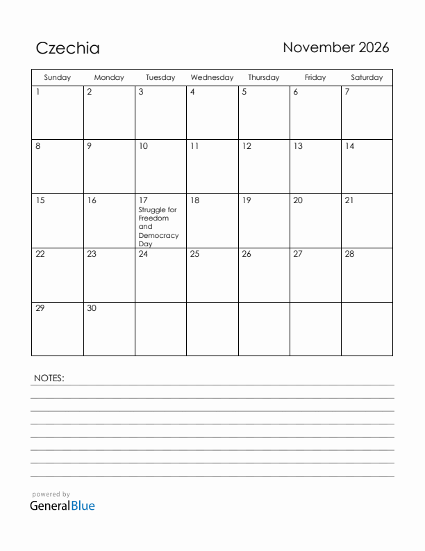 November 2026 Czechia Calendar with Holidays (Sunday Start)