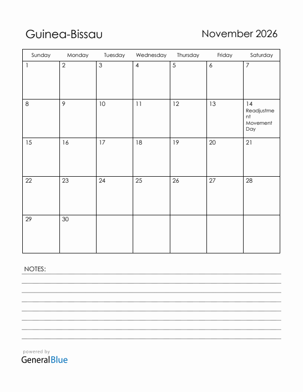 November 2026 Guinea-Bissau Calendar with Holidays (Sunday Start)