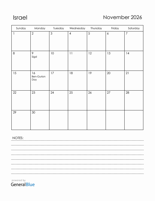 November 2026 Israel Calendar with Holidays (Sunday Start)