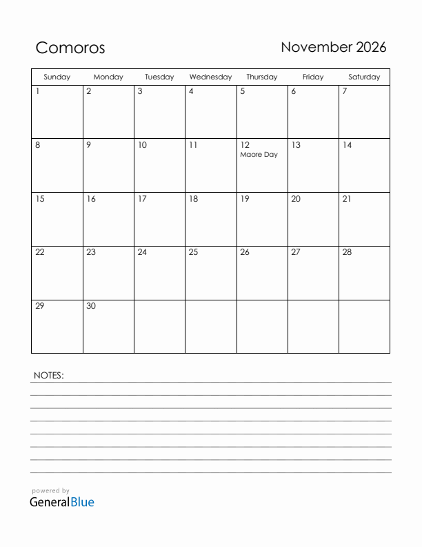 November 2026 Comoros Calendar with Holidays (Sunday Start)