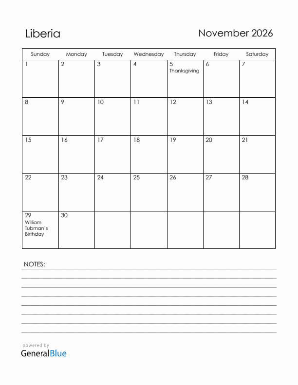 November 2026 Liberia Calendar with Holidays (Sunday Start)