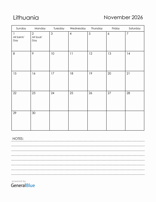 November 2026 Lithuania Calendar with Holidays (Sunday Start)