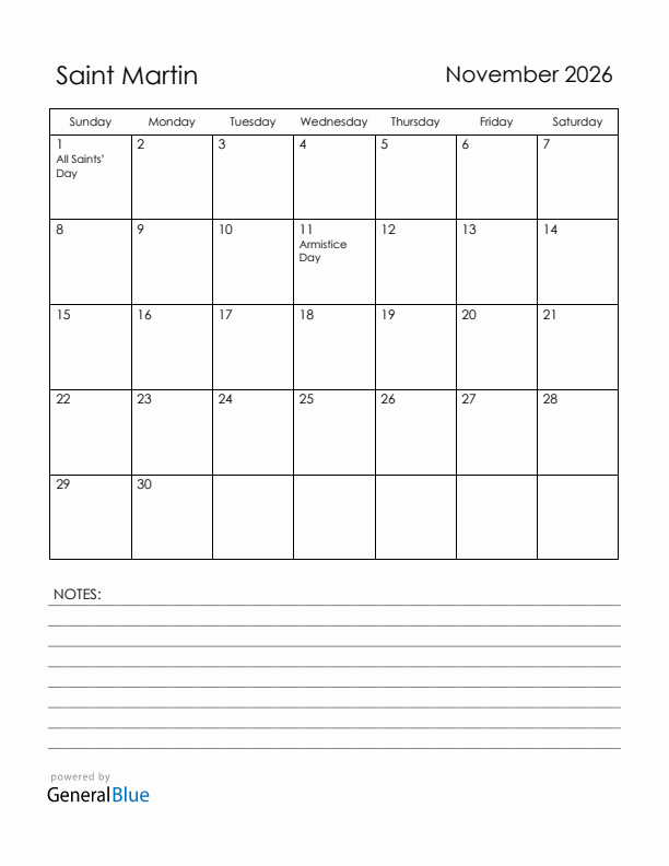 November 2026 Saint Martin Calendar with Holidays (Sunday Start)