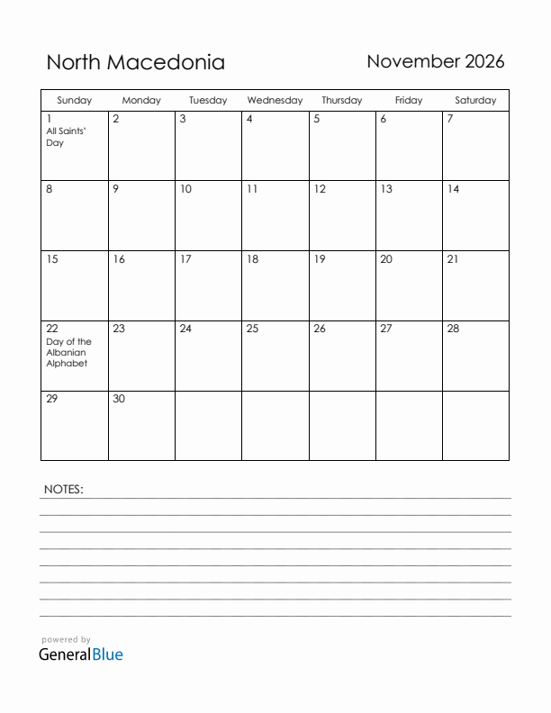 November 2026 North Macedonia Calendar with Holidays (Sunday Start)