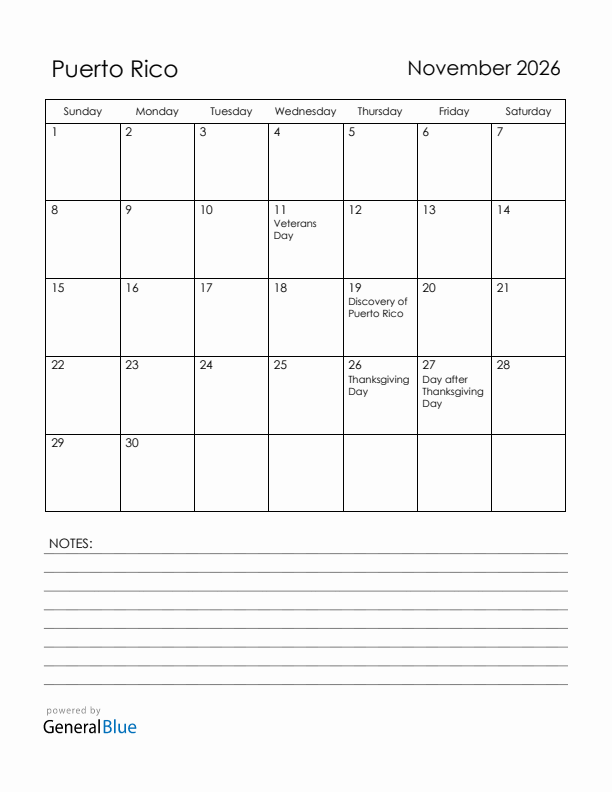 November 2026 Puerto Rico Calendar with Holidays (Sunday Start)
