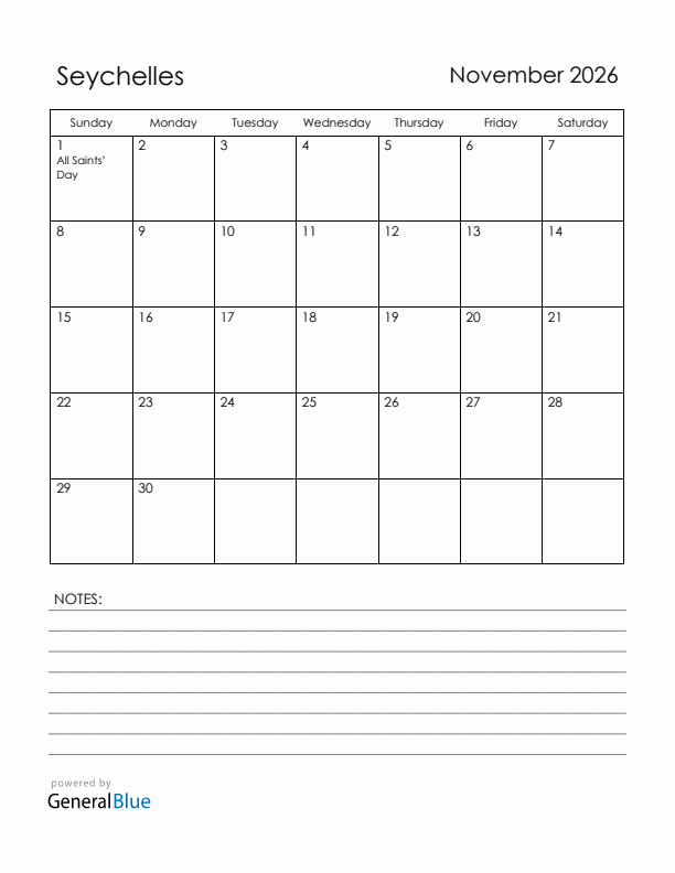 November 2026 Seychelles Calendar with Holidays (Sunday Start)