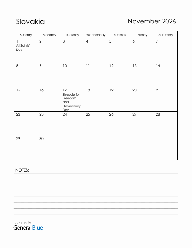 November 2026 Slovakia Calendar with Holidays (Sunday Start)