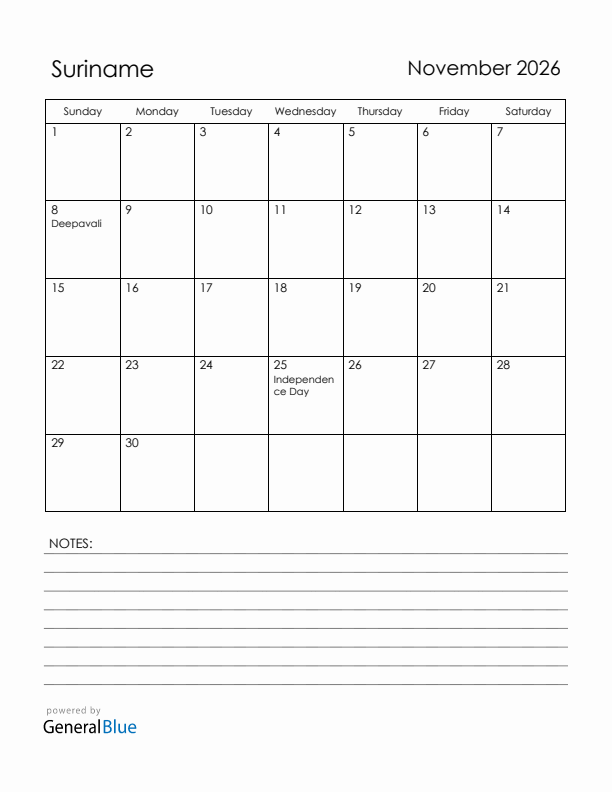 November 2026 Suriname Calendar with Holidays (Sunday Start)