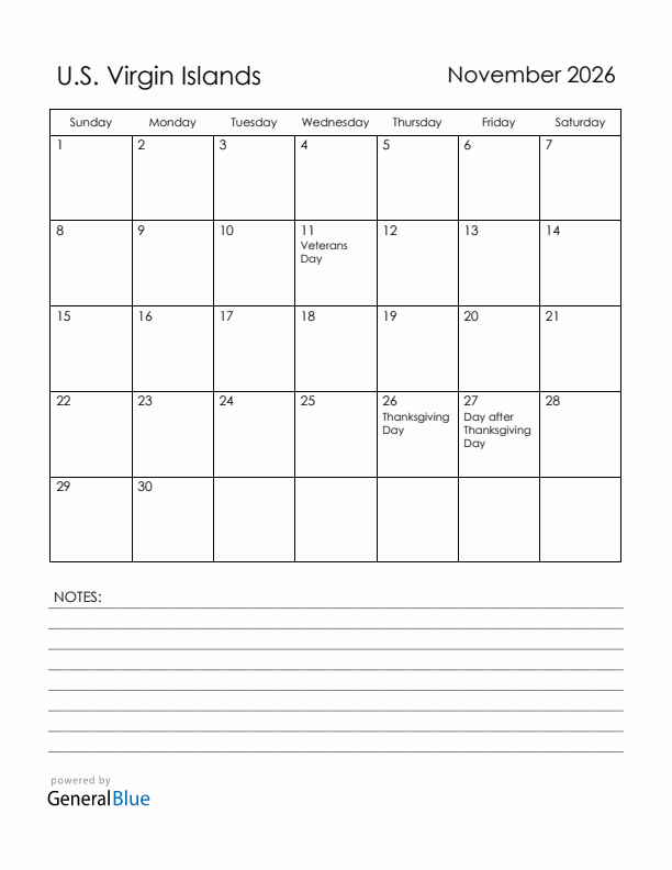 November 2026 U.S. Virgin Islands Calendar with Holidays (Sunday Start)