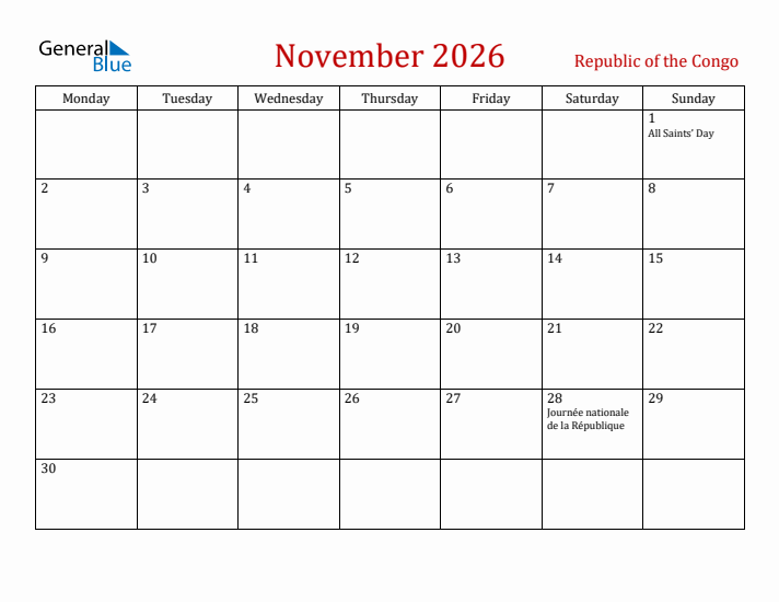 Republic of the Congo November 2026 Calendar - Monday Start