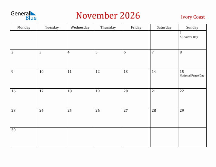 Ivory Coast November 2026 Calendar - Monday Start