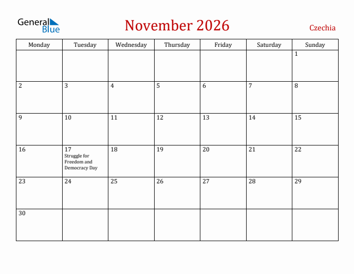 Czechia November 2026 Calendar - Monday Start