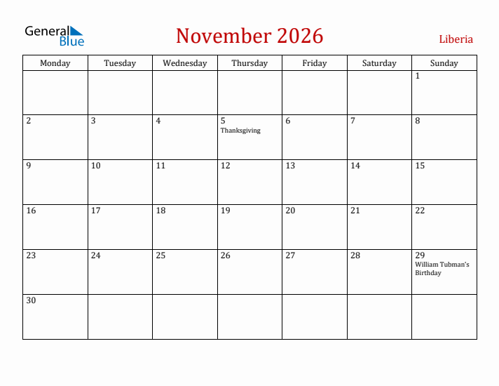Liberia November 2026 Calendar - Monday Start